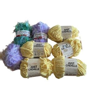 Premier Just Chenille Yarn Skeins in Pale Yellow & Lavender, Green & Blue.